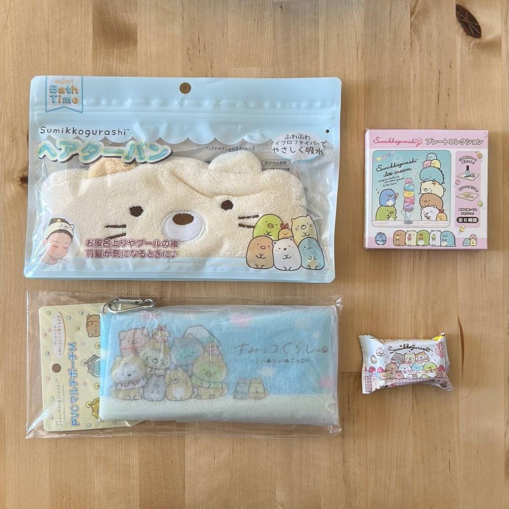 Sumikko Gurashi set with headband, pencil case, small dish, and eraser